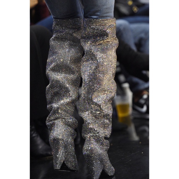 RHINESTONE EMBELLISHED CONE HEEL SLOUCHY BOOTS - Picture 6 of 12